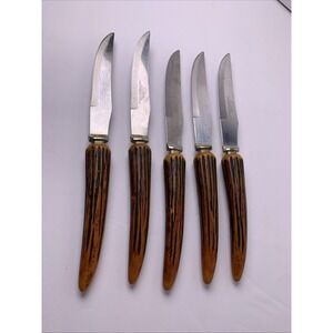 5 Vintage Steak Knives Stainless Steel Blade Sheffield England‎ Faux Antler